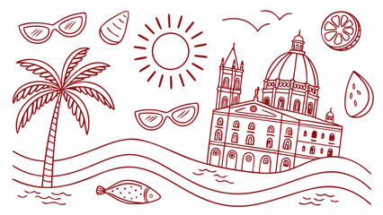 Naklejka premium Summer Doodle Vector Illustration – Fun and playful hand-drawn elements of sun, beach, ice cream, travel, sea, and summer essentials perfect for seasonal designs, prints, and decoration.