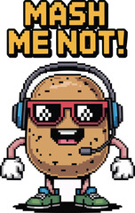Fototapeta premium Funny gaming potato wearing headphones and sunglasses with text mash me not