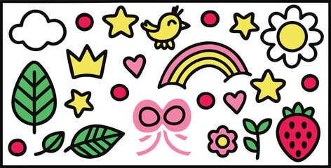A collection hand drawn whimsical elements including a bird cloud rainbow strawberry