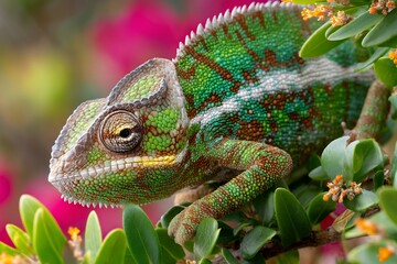 Obraz premium Colorful chameleon in natural habitat amidst green leaves and pink blossoms