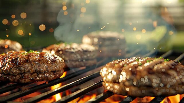 Enjoy the process of grilling delicious burgers with flames and seasoning at a lively outdoor barbecue celebration