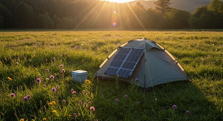 Solar tent amidst a wildflower meadow