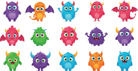 Obraz premium Collection of colorful cartoon monsters with horns and various expressions, perfect for children's illustrations, games, or educational materials, showcasing a playful and imaginative design.