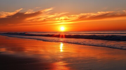 Vibrant orange sunset over calm ocean waves reflecting on wet sandy beach under a partly cloudy sky.