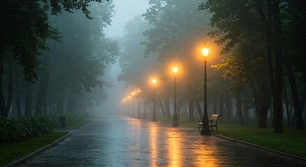Misty Rainy City Park with Warm Glowing Vintage Lamp Posts, Wet Reflections, and Arching Green Trees in Morning Fog