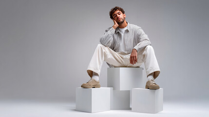 A man is sitting on top of three white boxes
