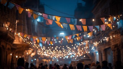 Vibrant street adorned with colorful banners and illuminated by festive lights at night