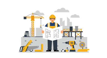 Construction worker with blueprint in urban industrial setting