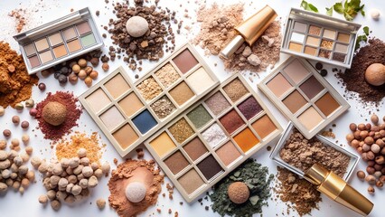 A collection of various makeup palettes and cosmetic products are artfully arranged on a white surface