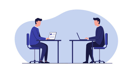 Fototapeta premium Office meeting scene: two colleagues working at desks with laptops in