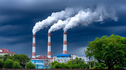 Industrial Chimney Emission Against Dark Sky Environmental Pollution Concept