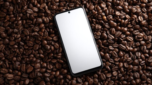 Smartphone on a bed of coffee beans