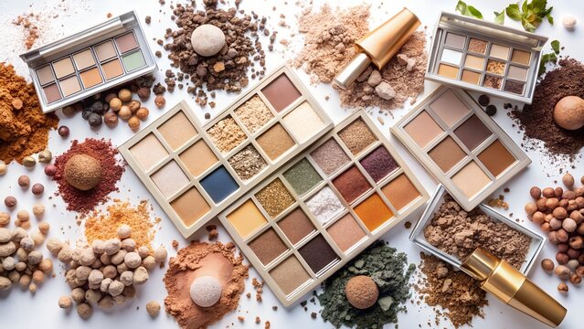 A collection of various makeup palettes and cosmetic products are artfully arranged on a white surface