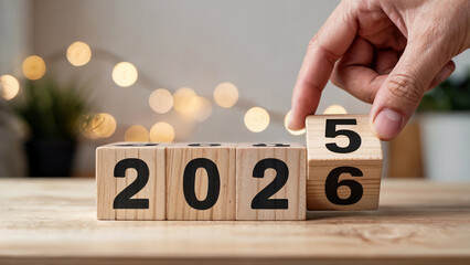 Hand turning wooden blocks from 2025 to 2026 symbolizing the transition to the new year with blurred festive lights in the background