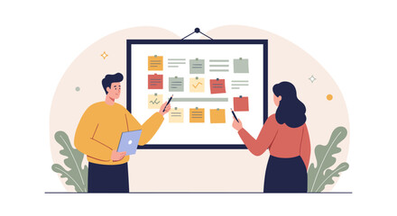Team collaboration on project management whiteboard with diagrams and