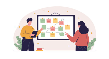 Office team collaborating on project planning with sticky notes displa