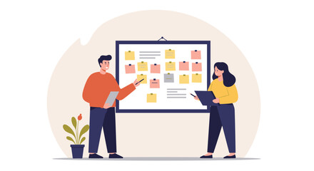 Team collaboration with a board of sticky notes and laptops in a moder