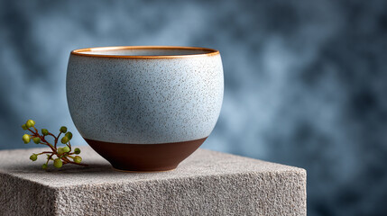 Ceramic Cup With Flower Bud on Stone Block Still Life Photography