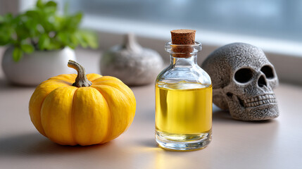 Still Life with Pumpkin Oil and Skull for Halloween or Autumnal Theme