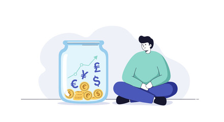 Person observing currency growth in a jar with coins and symbols