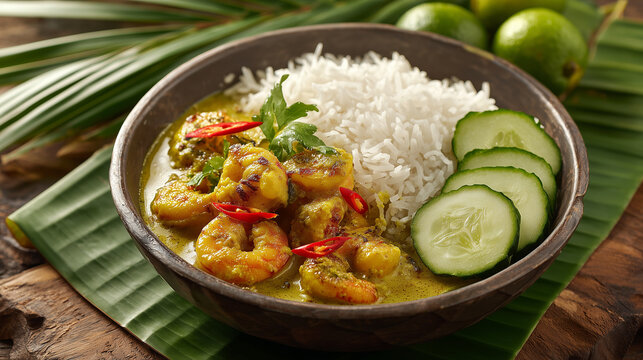 A flavorful bowl of chingri malai curry with aromatic basmati rice and fresh sliced cucumbers served on a banana leaf in bright natural light