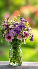 Colorful wildflowers in a glass jar.
