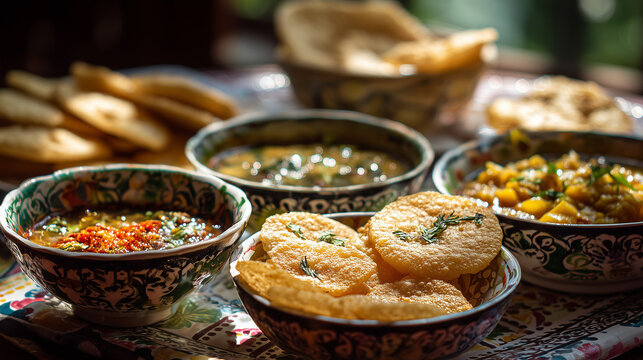A colorful Bengali feast of luchi cholar dal alur dom and tomato chutney displayed on detailed ceramic plates with bright natural light and a blurred background
