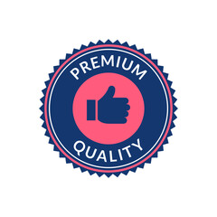 Premium Quality Badge with Blue Border and Thumbs Up Icon in Pink