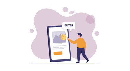 Online shopping concept with mobile interface and buyer interaction in