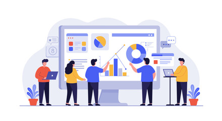 Team collaboration on data analysis and presentation in a modern offic