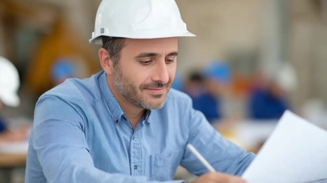 Focused Engineer at Work: A dedicated engineer, clad in a crisp blue shirt and a white safety helmet, meticulously reviews blueprints, embodying precision and expertise in their profession.