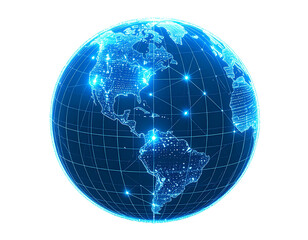 Digital Wireframe Globe Icon with Glowing Network Grid, Front View, Transparent Background