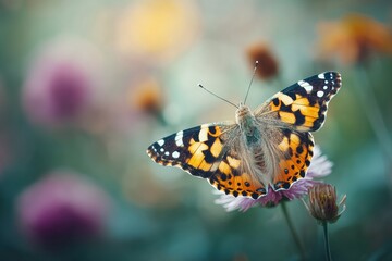 Obraz premium Close-up of a painted lady butterfly perched on a flower.