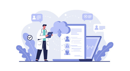 Healthcare technology and data management concept with doctor and clou