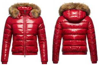 Red shiny puffer jacket with fur hood, front and back view isolated on transparent background