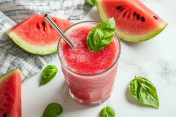 Flat lay of a refreshing watermelon smoothie in a glass with fresh mint leaves and a metal straw, surrounded by watermelon slices and basil on a white background.