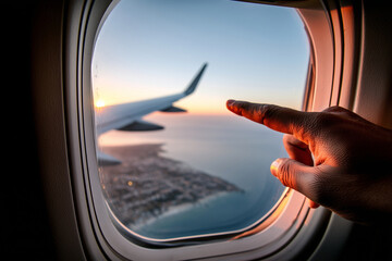 Naklejka premium A person's hand points towards the window of an airplane,which is seen from inside with its wing visible in profile.The sky outside shows a clear horizon at dawn or dusk.In front o