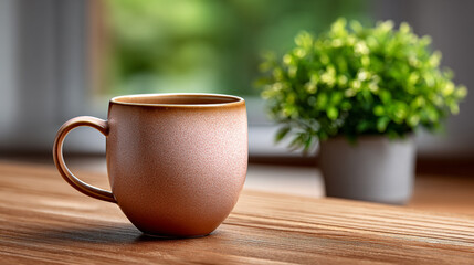 Ceramic Mug on Wood Table with Green Plant in Background Still Life