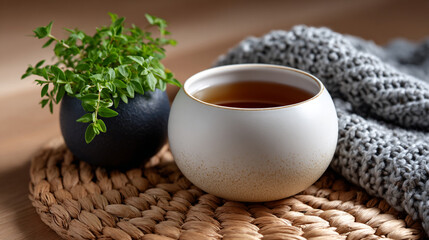 Cozy Still Life Tea Cup and Thyme Plant with Knitted Blanket