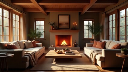 Cozy living room with fireplace and large windows.