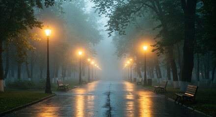 Misty Rainy City Park with Warm Glowing Vintage Lamp Posts, Wet Reflections, and Arching Green Trees in Morning Fog