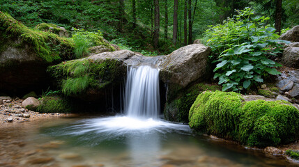 Scenic Waterfall in Lush Green Forest with Mossy Rocks and Clear Stream