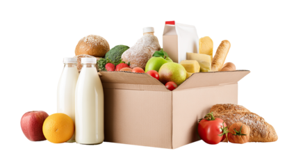 Open cardboard box overflowing with various grocery items