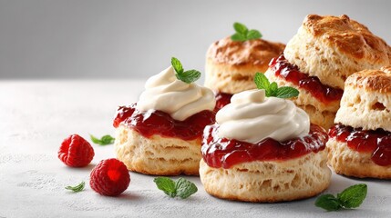 Scones with Jam, Cream, and Raspberries