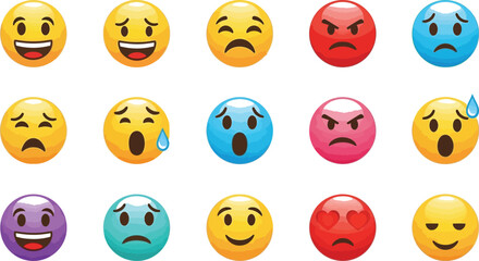 Obraz premium Collection of colorful emoji icons displaying various emotions such as happiness, sadness, anger, love, and surprise, perfect for expressing feelings in digital communication.