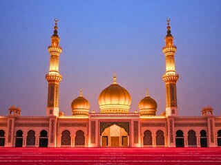 Fototapeta premium Magnificent golden mosque illuminated at dusk with tall minarets and a central dome