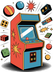 Retro arcade machine with colorful game elements and classic gaming accessories floating around