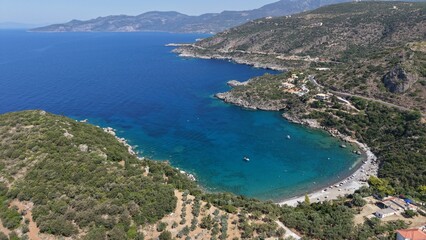 Aerial View of Secluded Beach Cove with Turquoise Waters in Mani Peninsula, Peloponnese, Greece, Delfinia beach