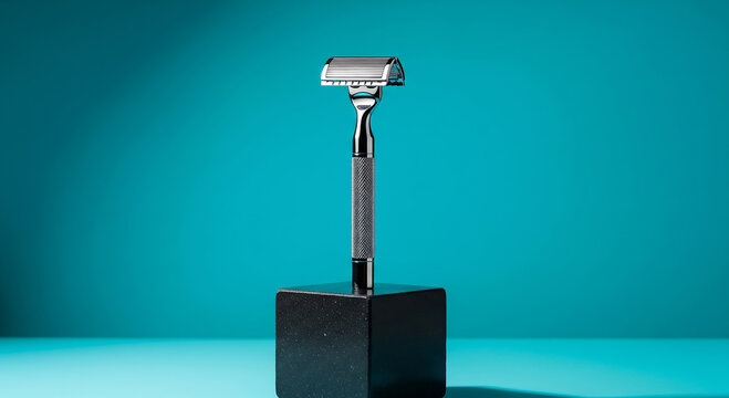 A polished chrome doubleedged safety razor stands upright on a black stone block against a vibrant teal background