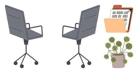 Two office chairs with wheels, a file folder containing documents, and a potted plant. Ideal for workspace, productivity, teamwork, organization, design modern office setup creative metaphor. A